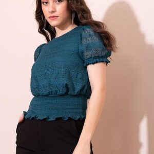 Blue Smocked Waist Lace Crop Top