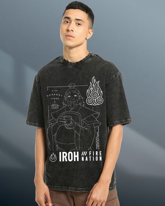 Black Uncle Iroh Graphic Printed Acid Wash T-shirt