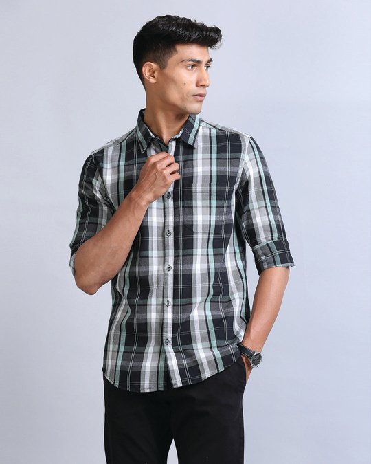 Black & White Corduroy Checked Slim Fit Shirt
