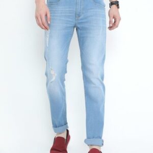 Blue Washed Slim Fit Distressed Jeans