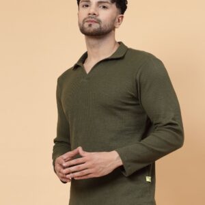 Olive Green Waffle Knitted Polo T-Shirt