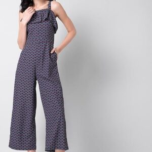 Wine Geo Ruffled Strappy Jumpsuit