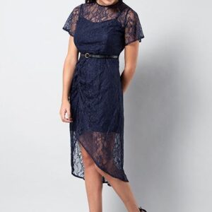 Lace Ruched Midi Dress with Leather Belt