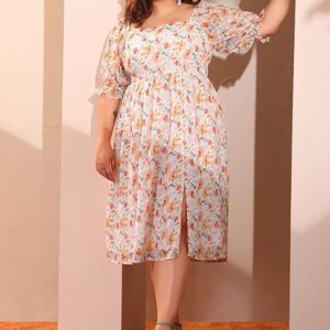 White Floral Print Puff Sleeve Dress