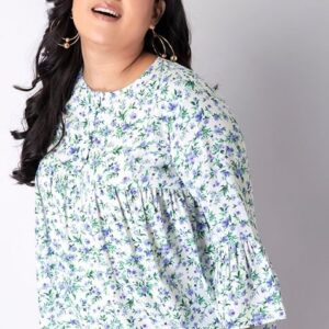 White Floral Buttoned Bell Sleeve Top