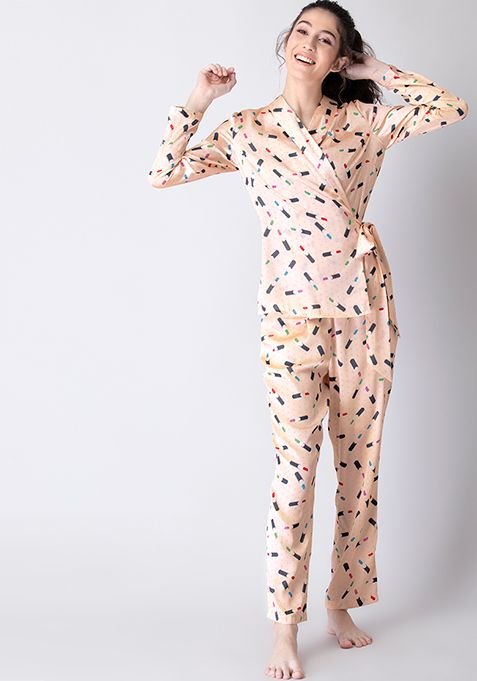 Printed Satin Belted Pyjama Set