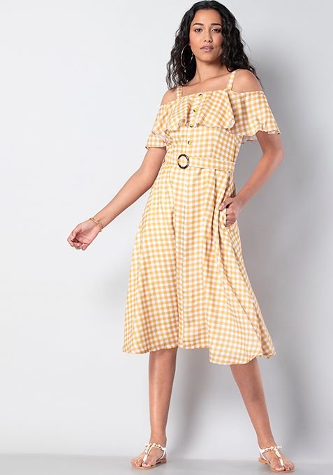 Gingham Cold Shoulder Midi Dress