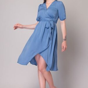 Blue Wrap Midi Dress With Belt
