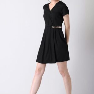 Pleated Gold Chain Trim Wrap Dress