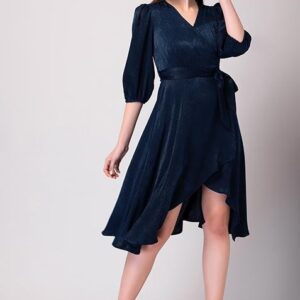 Blue Satin Midi Dress With Belt