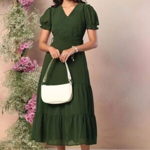 Green V-Neck Midi Dress With Tie Up Belt