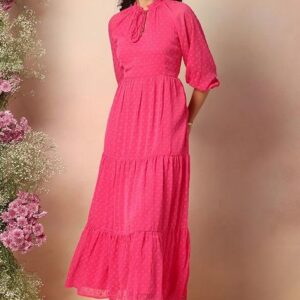 Pink Neck Tie Up Tiered Maxi Dress