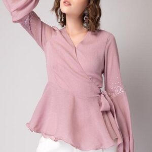 Pink Embellished Sleeve Wrap Top