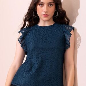 Blue Ruffle Sleeve Lace Top for Women