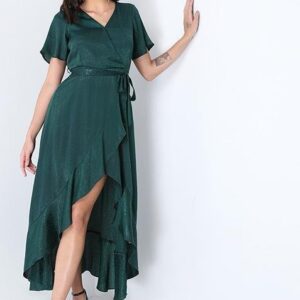 Self Design Wrap Ruffled Belted Midi Dress
