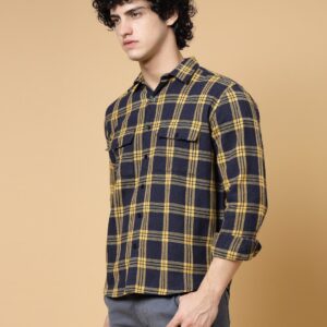 Navy Blue & Yellow Flannel Checked Oversized Shacket