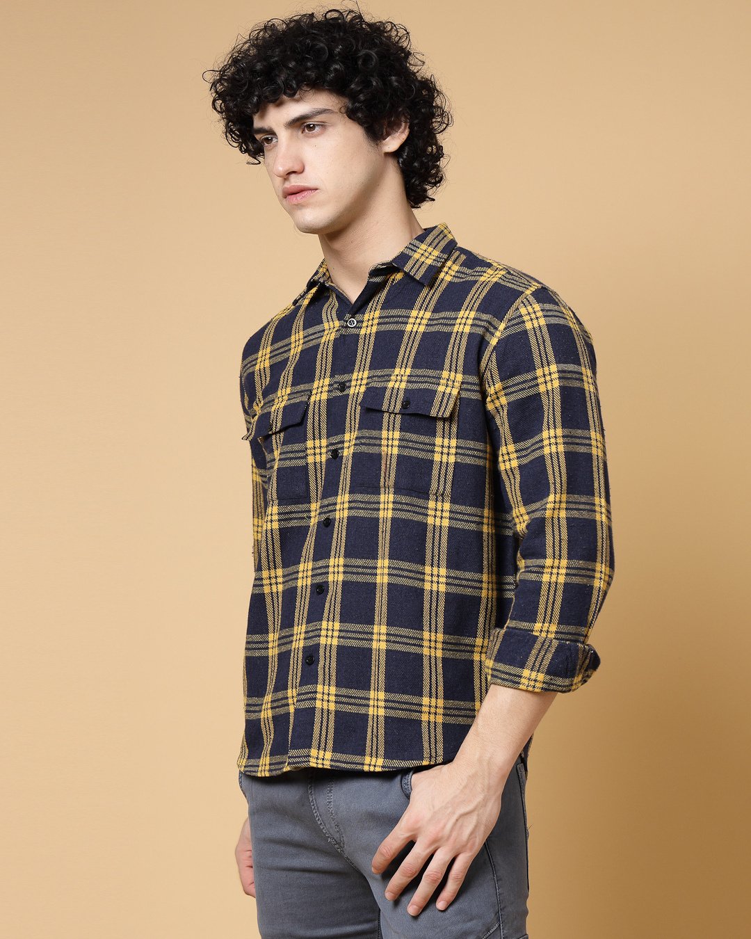 Navy Blue & Yellow Flannel Checked Oversized Shacket
