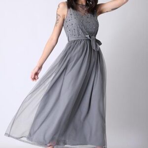 Mesh Embellished Belted Maxi Dress
