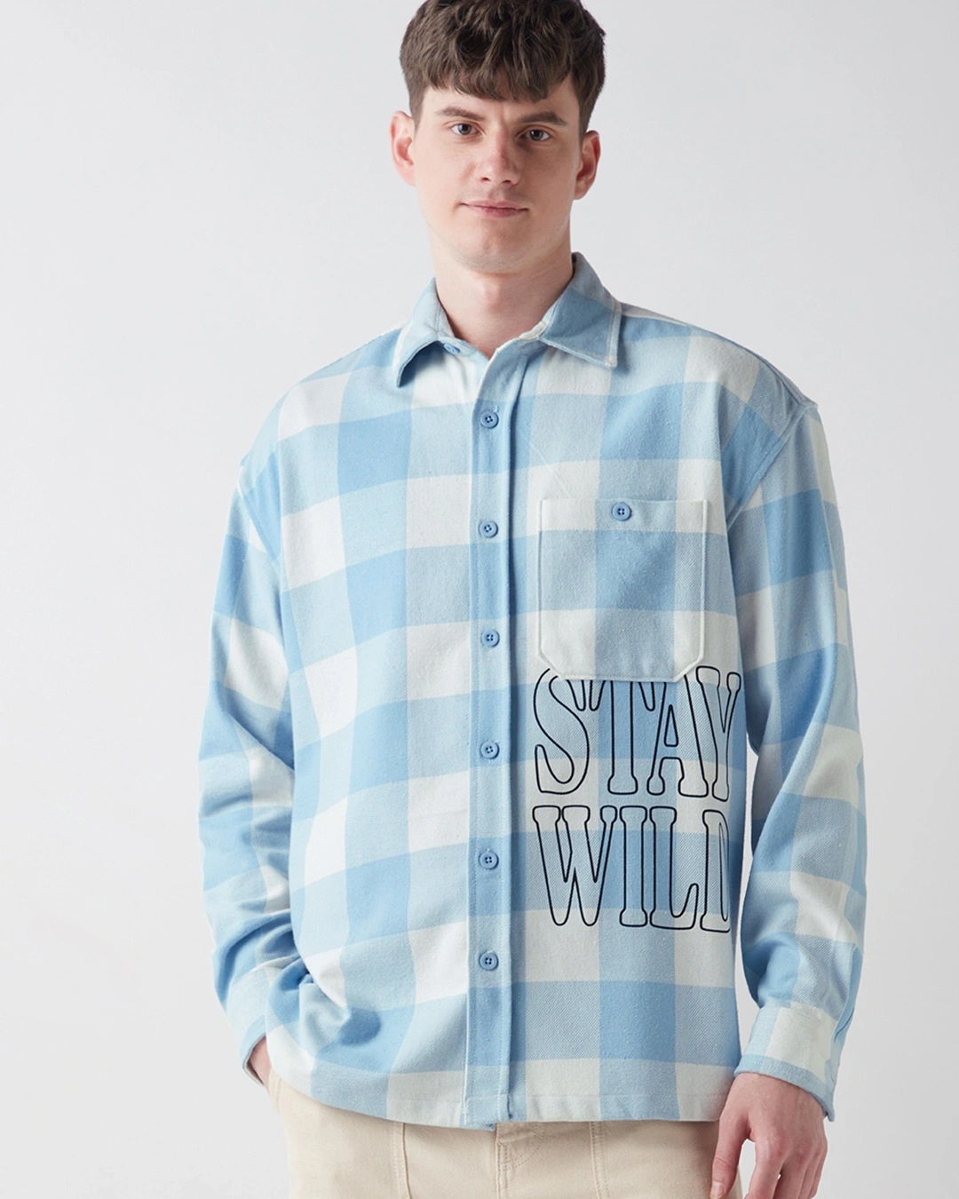 Blue Stay Wild Checked Oversized Shirt