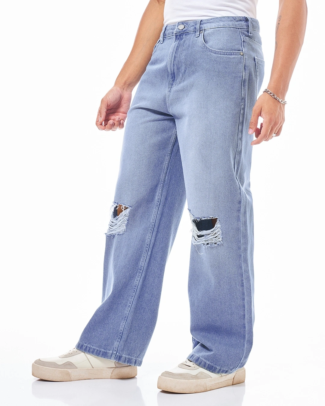Light Indigo Blue Straight Fit Distressed Jeans - Image 2
