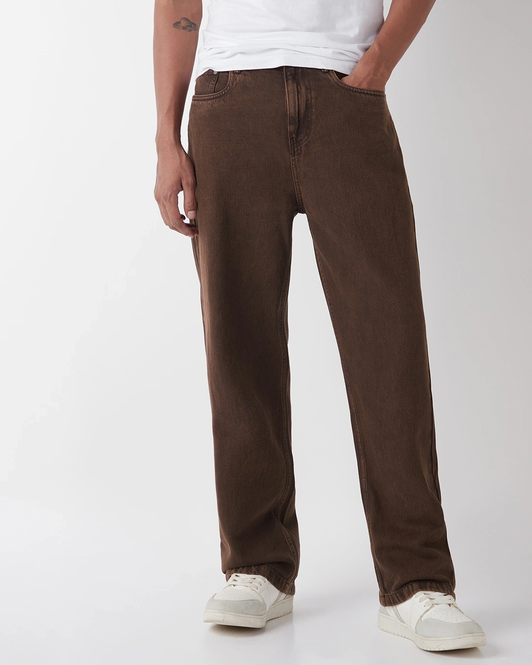 Brown Straight Fit Acid Wash Jeans