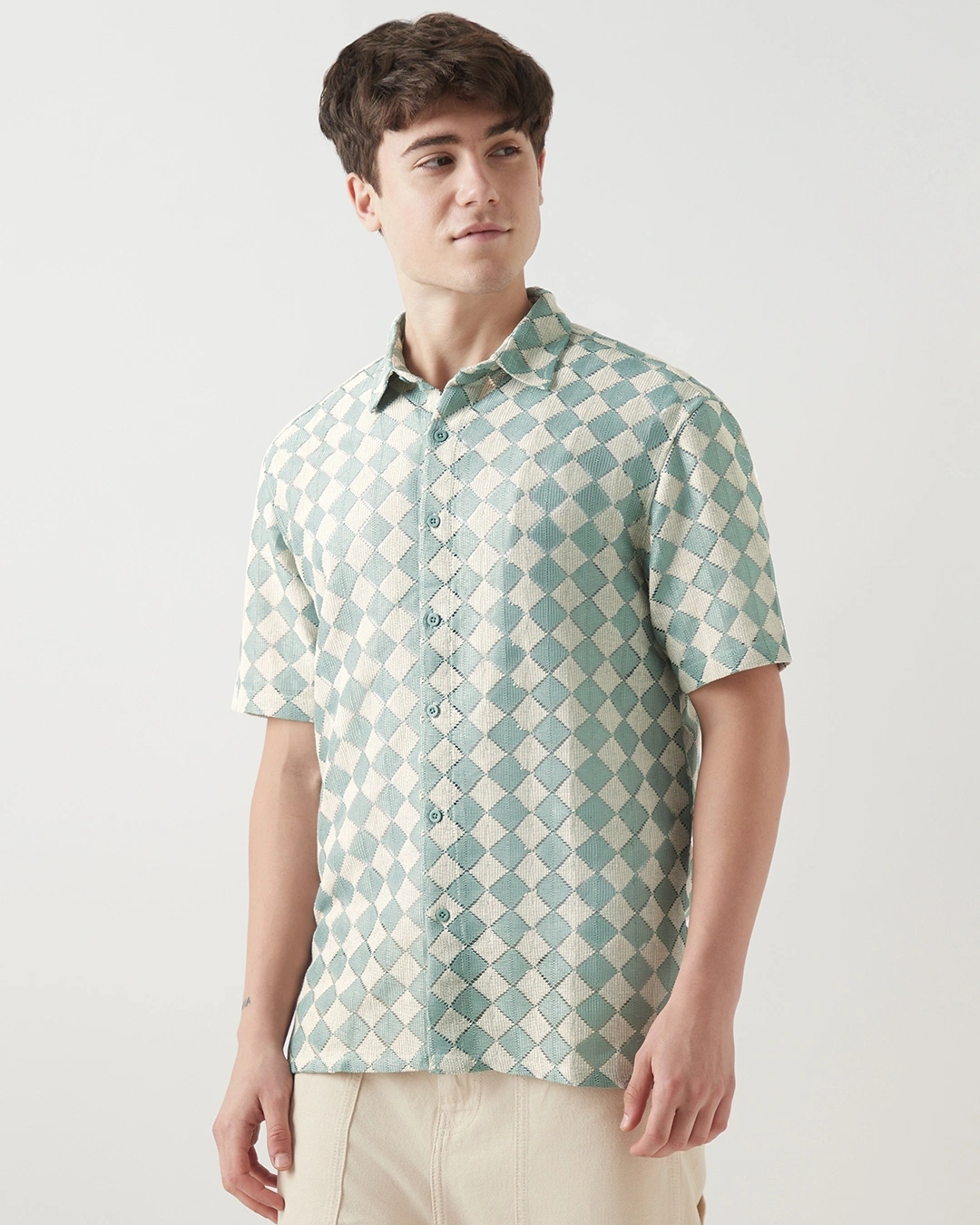 Green & Beige Textured Oversized Shirt