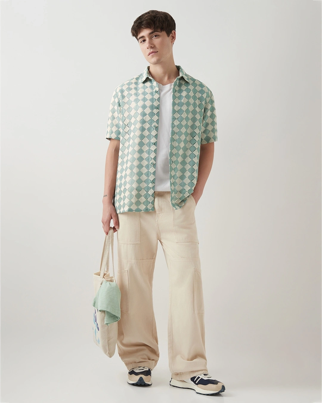 Green & Beige Textured Oversized Shirt - Image 3