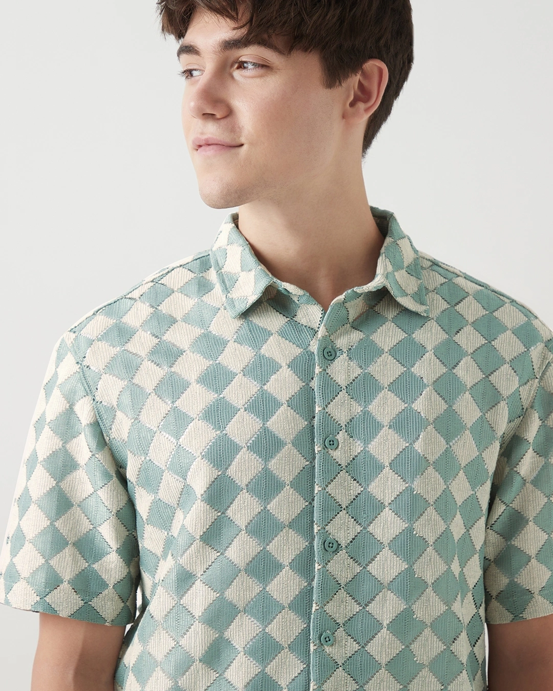 Green & Beige Textured Oversized Shirt - Image 2