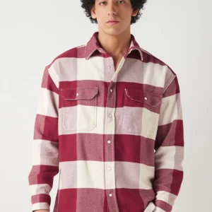 Red & Off White Checked Oversized Shirt