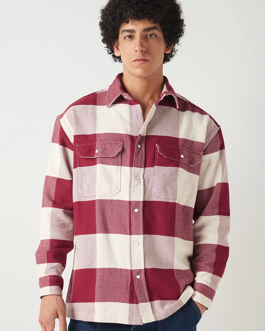 Red & Off White Checked Oversized Shirt