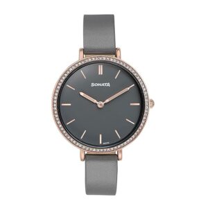 Quartz Analog Grey Dial Grey Leather Strap Watch