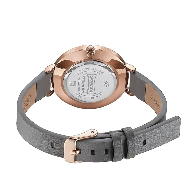 Quartz Analog Grey Dial Grey Leather Strap Watch - Image 3