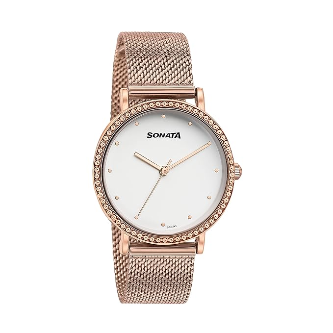 Quartz Analog White Dial Rose Gold Stainless Steel Strap Watch