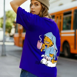 Blue Lazy Garfield Graphic Printed Oversized T-shirt