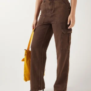 Dark Brown Straight Fit Acid Wash Cargo Jeans