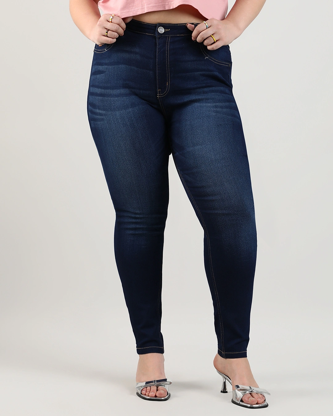 Navy Blue Washed Slim Fit Plus Size Jeans - Image 2
