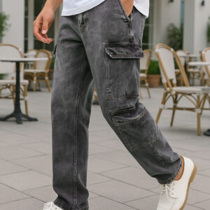 Men's Grey Baggy Fit Washed Cargo Mid-Rise Jeans Online