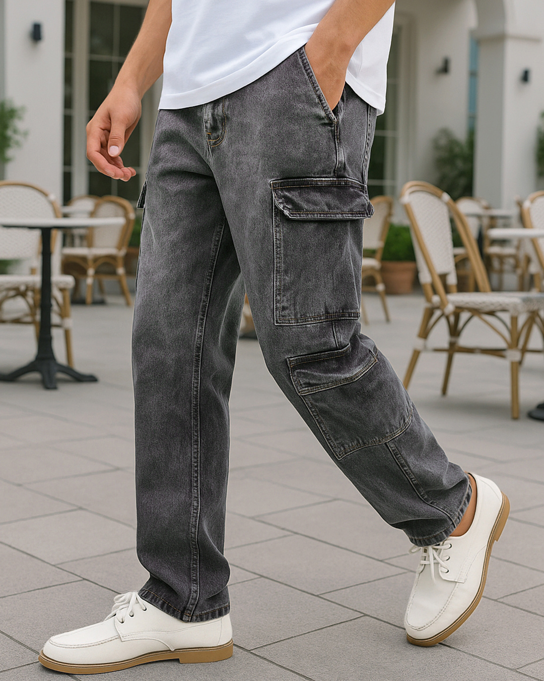 Men's Grey Baggy Fit Washed Cargo Mid-Rise Jeans Online