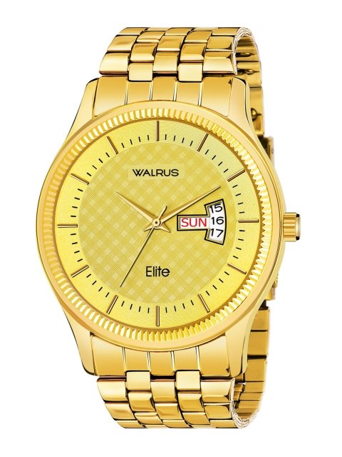 Men Gold-Toned Brass Dial & Gold Toned Stainless Steel Bracelet Style Straps Analogue Watch