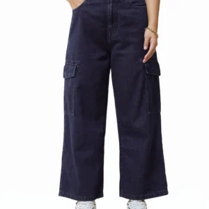 Blue Baggy Stright Fit Cropped Cargo Jeans
