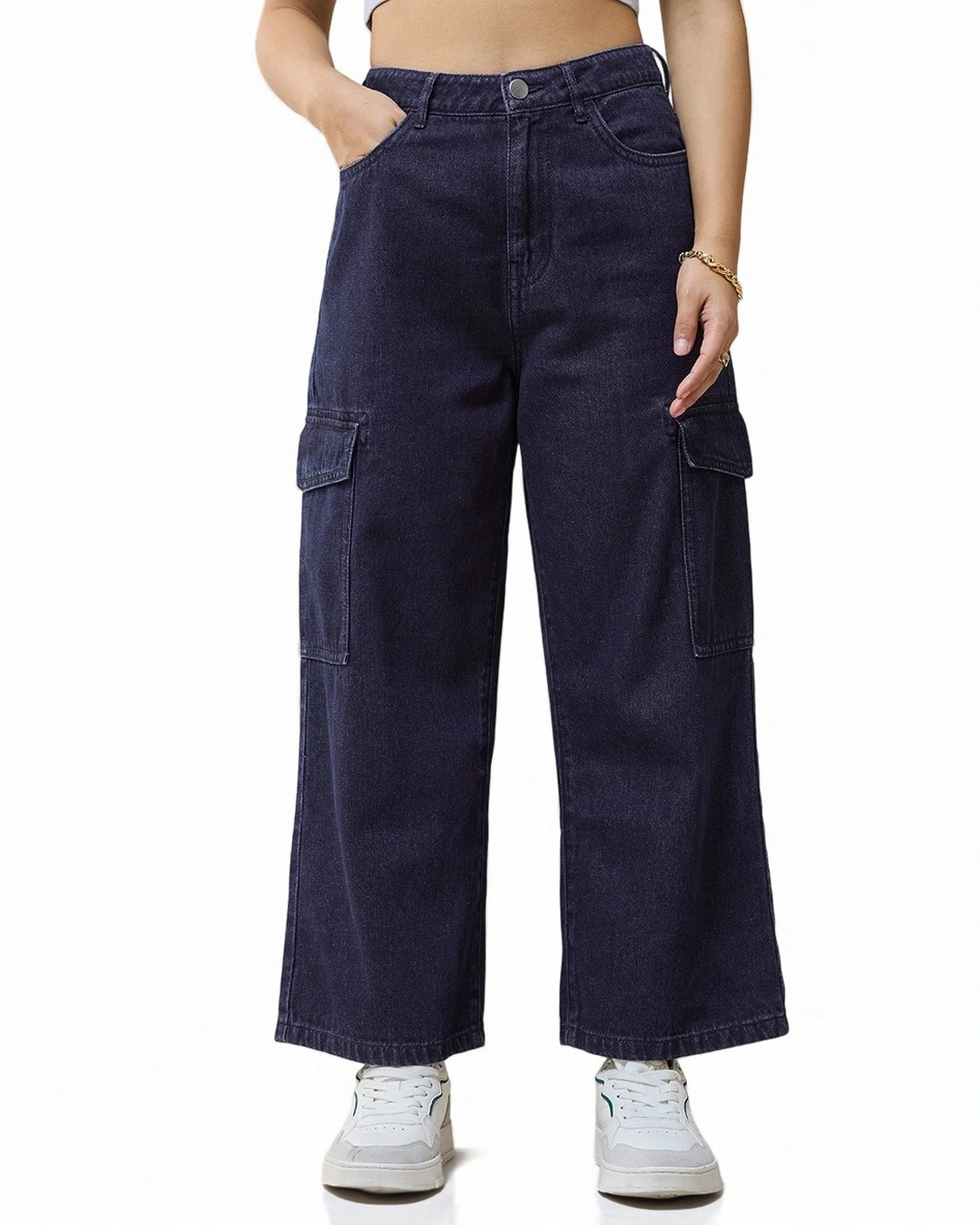 Blue Baggy Stright Fit Cropped Cargo Jeans