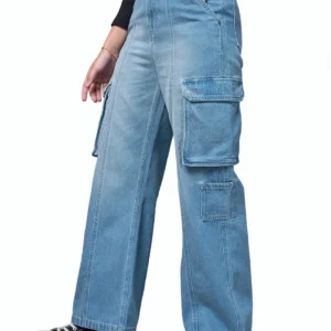 Blue Washed Straight Fit Cargo Jeans