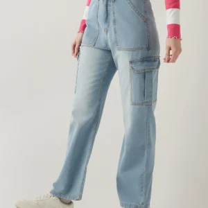 Light Blue Washed Wide Leg Cargo Jeans