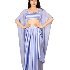 The Behruz Theory Embellished Blouse with Drape Skirt & Shrug | Elegant Drape Skirt | Modern Fusion Wear | Premium Fabrics | Perfect for Special Events | Party wear dress (Blue, XL)
