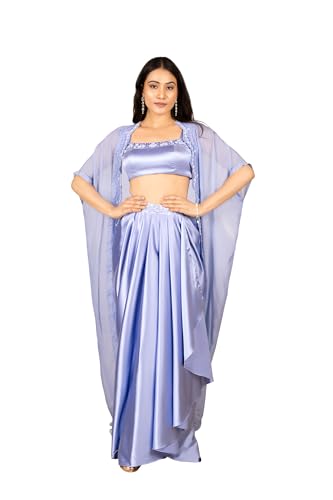 The Behruz Theory Embellished Blouse with Drape Skirt & Shrug | Elegant Drape Skirt | Modern Fusion Wear | Premium Fabrics | Perfect for Special Events | Party wear dress (Blue, XL)