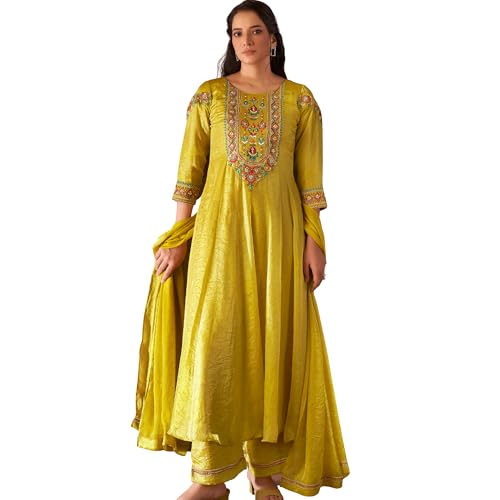 Kalaamay Women’s Golden Marigold Anarkali Dress | Premium Glass Tissue Fabric with Hand Embroidery With Matching Dupatta Salwar Suit for Women (XL)