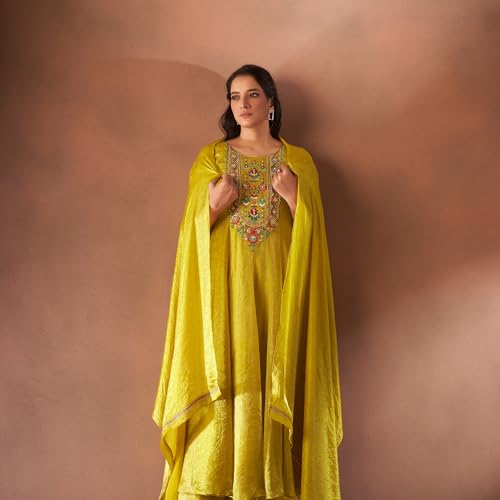 Kalaamay Women’s Golden Marigold Anarkali Dress | Premium Glass Tissue Fabric with Hand Embroidery With Matching Dupatta Salwar Suit for Women (XL) - Image 6