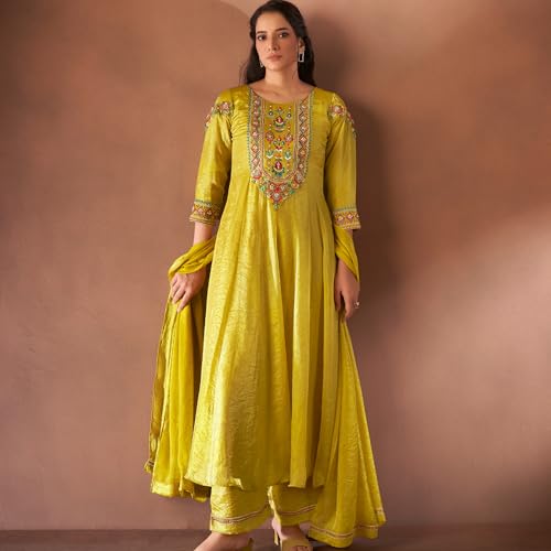 Kalaamay Women’s Golden Marigold Anarkali Dress | Premium Glass Tissue Fabric with Hand Embroidery With Matching Dupatta Salwar Suit for Women (XL) - Image 3