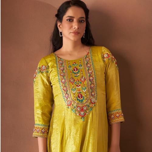 Kalaamay Women’s Golden Marigold Anarkali Dress | Premium Glass Tissue Fabric with Hand Embroidery With Matching Dupatta Salwar Suit for Women (XL) - Image 2