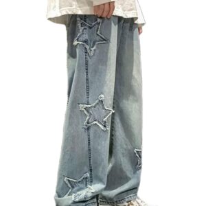 FCOOLYEET Mens Y2K Jeans Hip Hop Baggy Star Denim Mid Rise Pants Straight Leg Demin Joggers Harajuku Graphic Jeans Streetwear, A1-Blue, XL